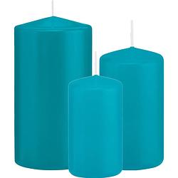 Foto van Stompkaarsen set van 3x stuks turquoise blauw 10-12-15 cm - stompkaarsen