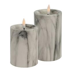 Foto van Led kaarsen/stompkaarsen - set 2x - wit/grijs marmer - h10 en h12,5 cm - timer - warm wit - led kaarsen