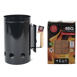 Foto van Bbq/barbecue briketten starter zwart met 32x bbq aanmaakblokjes - barbecuegereedschapset