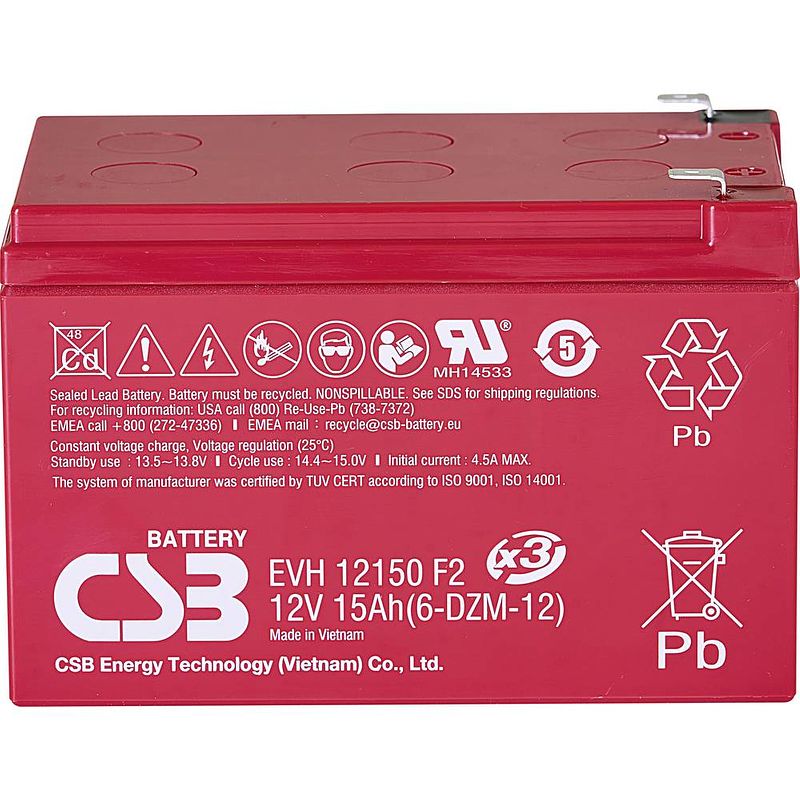 Foto van Csb battery evh 12150 loodaccu 12 v 15 ah loodvlies (agm) (b x h x d) 151 x 102 x 98 mm kabelschoen 6.35 mm cyclusbestendig, onderhoudsvrij, geringe