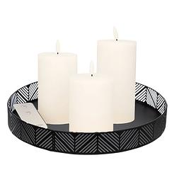 Foto van Led kaarsen - 3x st - wit - met zwart rond dienblad 29,5 cm - led kaarsen