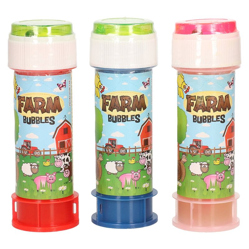 Foto van 3x boerderij dieren bellenblaas flesjes met bal spelletje in dop 60 ml voor kinderen - bellenblaas