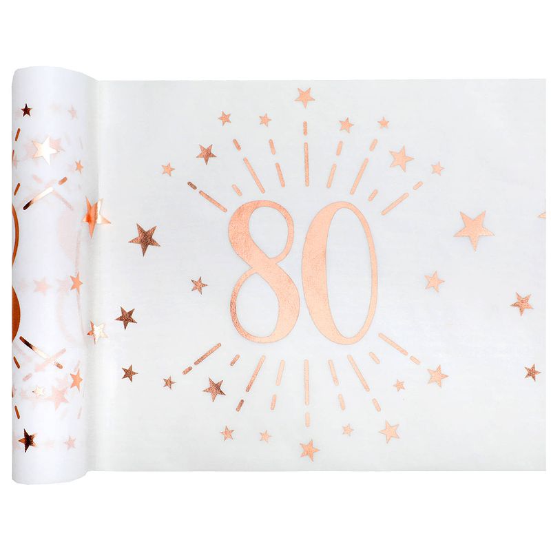 Foto van Tafelloper op rol - 2x - 80 jaar verjaardag - wit/rose goud - 30 x 500 cm - polyester - feesttafelkleden