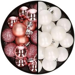 Foto van 36x stuks kunststof kerstballen roze en wit 3 en 4 cm - kerstbal