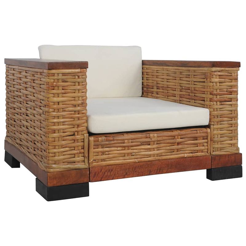 Foto van The living store rattan bankstelset - bruin/crèmewit - natuurlijk rattan - massief mangohouten frame - verwijderbare