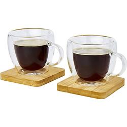 Foto van Dubbelwandige koffieglazen/theeglazen 100 ml - set van 8x stuks - met bamboe onderzetters - koffie- en theeglazen