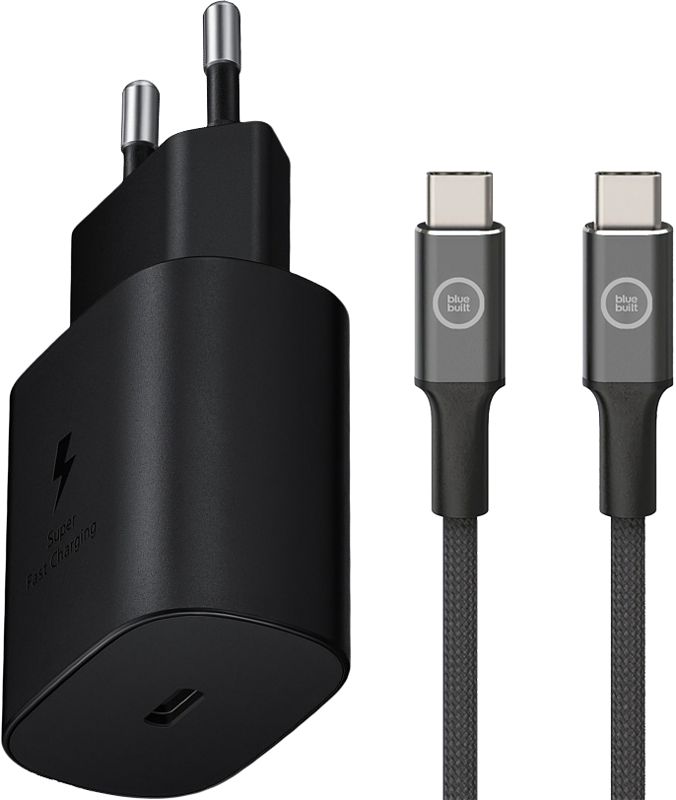 Foto van Samsung super fast charging oplader 25w + bluebuilt usb c naar usb c kabel 1,5m nylon