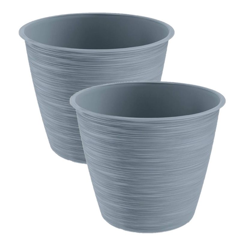 Foto van 2x stuks stijlvolle kunststof plantenpot/bloempot dia 20 cm/hoogte 17 cm paintstripe steengrijs - plantenpotten