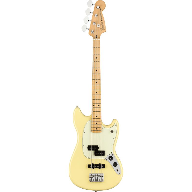 Foto van Fender player mustang bass pj canary mn limited edition elektrische basgitaar