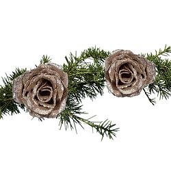 Foto van 2x stuks kerstboom decoratie bloemen op clip champagne glitter 7 cm - kunstbloemen