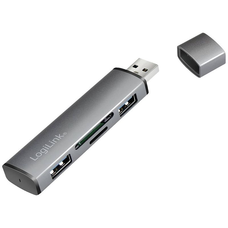 Foto van Logilink ua0394 usb 3.2 gen 2-hub met aluminium behuizing, met ingebouwde sd-kaartlezer, met status-leds spacegrijs