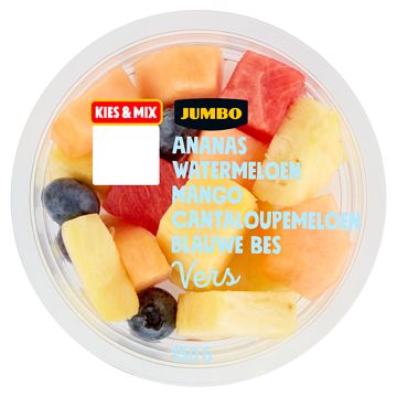 Foto van 3 voor € 6,00 | jumbo fruitstukjes ananas, watermeloen, mango, cantaloupemeloen & blauwe bes 150g aanbieding bij jumbo