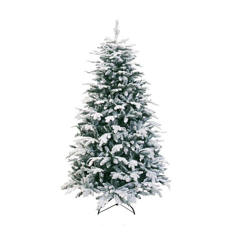 Foto van Oslo snow pine kunstkerstboom - 180 cm - groen - ø 104 cm - 1.649 tips - besneeuwd - metalen voet