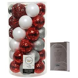 Foto van Kerstversiering mix pakket kunststof kerstballen 6 cm zilver/rood/wit 37x stuks met haakjes - kerstbal