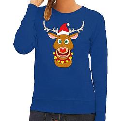 Foto van Foute kersttrui / sweater met rudolf het rendier met rode kerstmuts blauw voor dames - kersttruien xs (34)