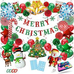 Foto van Fissaly® kerst versiering decoratie pakket - kerstmis kerstboom & kerstman 2022 - kerstdecoratie ballonnen groen & rood