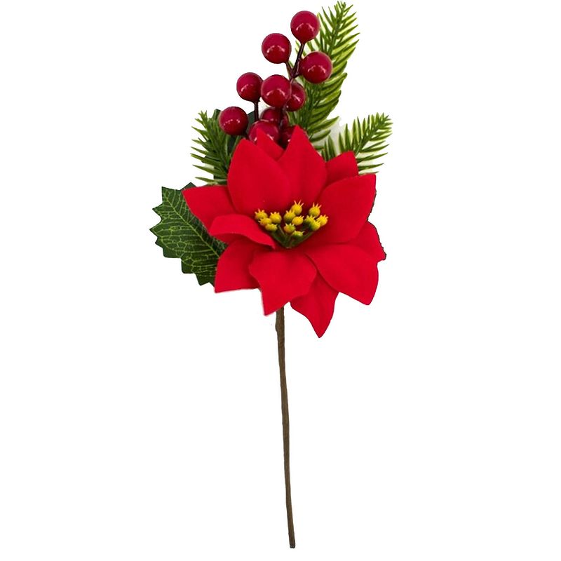 Foto van Kerststukje stekertje met hulst/bessen/dennentak/kerstster groen/rood 26 cm - kerststukjes