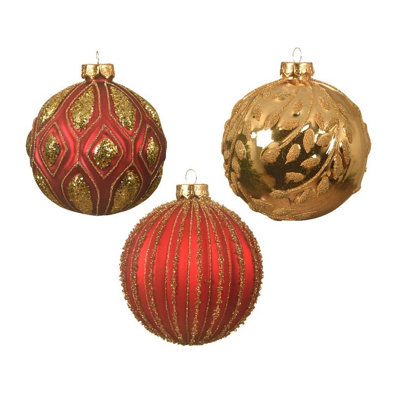 Foto van Kerstbal glas d10cm rood/goud a3