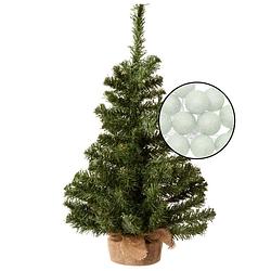 Foto van Mini kerstboom groen met verlichting - in jute zak - h60 cm - lichtgroen - kunstkerstboom