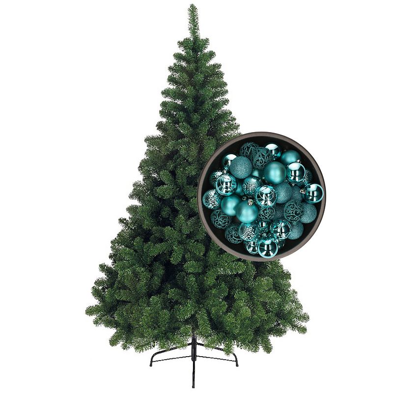 Foto van Bellatio decorations kunst kerstboom 180 cm met kerstballen turquoise blauw - kunstkerstboom