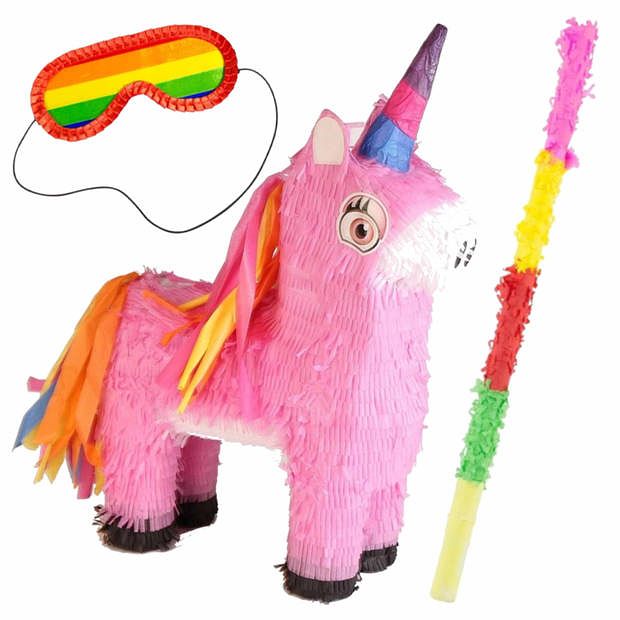 Foto van Pinata van een unicorn/eenhoorn set met masker en stok - pinatas