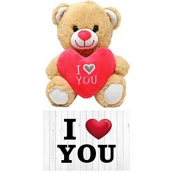 Foto van Licht bruine pluche knuffelbeer 20 cm incl. valentijnskaart i love you - knuffelberen