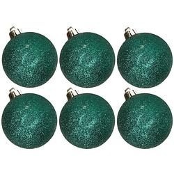 Foto van 6x stuks kunststof glitter kerstballen petrol groen 8 cm - kerstbal
