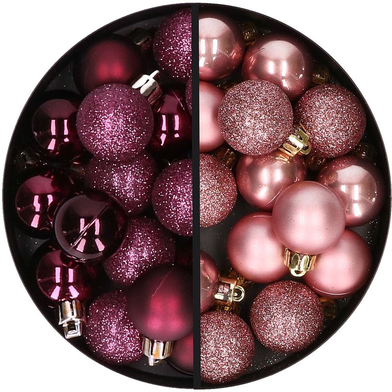 Foto van 34x stuks kunststof kerstballen aubergine paars en oudroze 3 cm - kerstbal