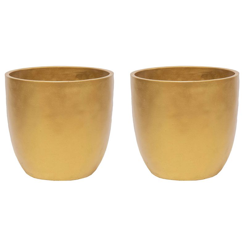 Foto van Plantenpot/bloempot - 2x - keramiek - goud - bladmotief - d22.5 x h21 cm - plantenpotten