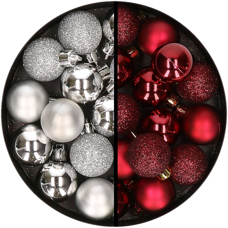 Foto van 34x stuks kunststof kerstballen zilver en donkerrood 3 cm - kerstbal