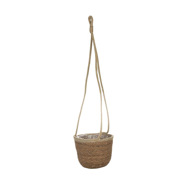 Foto van Hangende plantenpot/bloempot van jute/zeegras diameter 17 cm en hoogte 14 cm camel bruin - plantenpotten