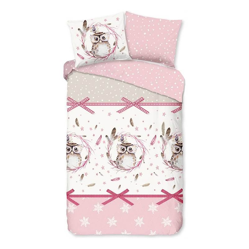 Foto van Good morning owl flanel dekbedovertrek - flanel / katoen - 1-persoons (140x200/220 cm + 1 sloop) - pink