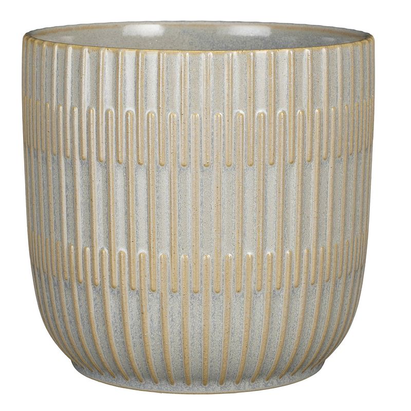 Foto van Plantenpot/bloempot keramiek lichtgrijs stripes patroon - d19/h18 cm - plantenpotten