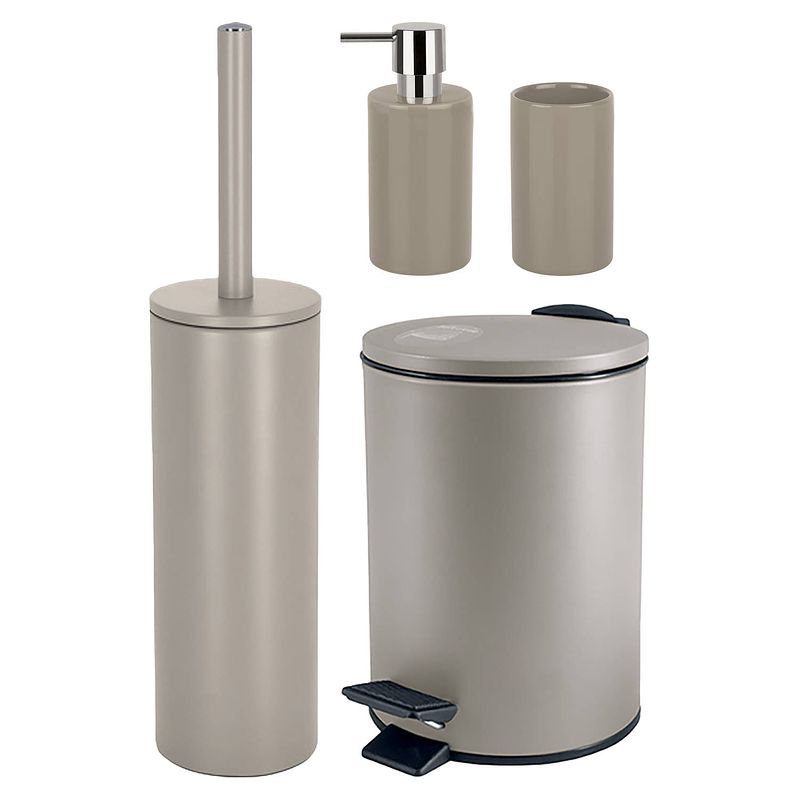 Foto van Spirella badkamer accessoires set - wc-borstel/pedaalemmer/zeeppompje/beker - beige - badkameraccessoireset