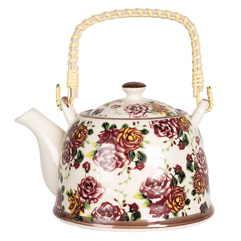 Foto van Haes deco - chinese theepot - porselein - roze en rode bloemen - theepot 800 ml - traditioneel theeservies, theekan