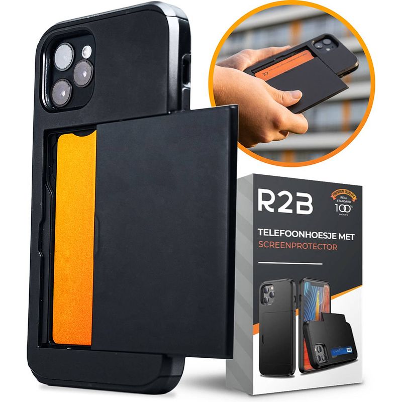 Foto van R2b hoesje met pasjeshouder geschikt voor iphone 15 pro - model ""utrecht"" - inclusief screenprotector - zwart