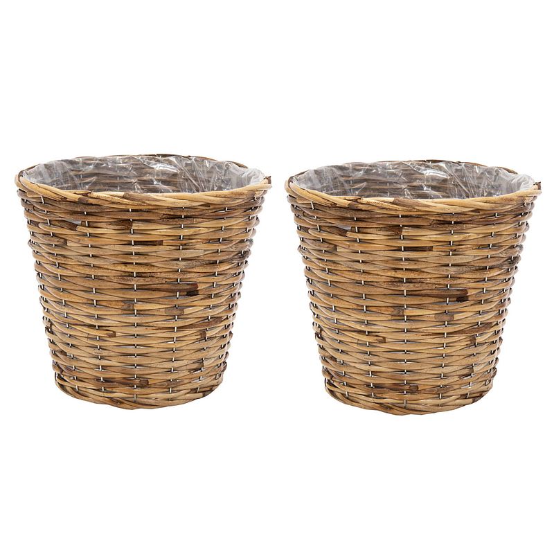 Foto van Planten/bloemen mand - 2x - rotan - lichtbruin - d25 x h21 cm - plantenpot - plantenpotten