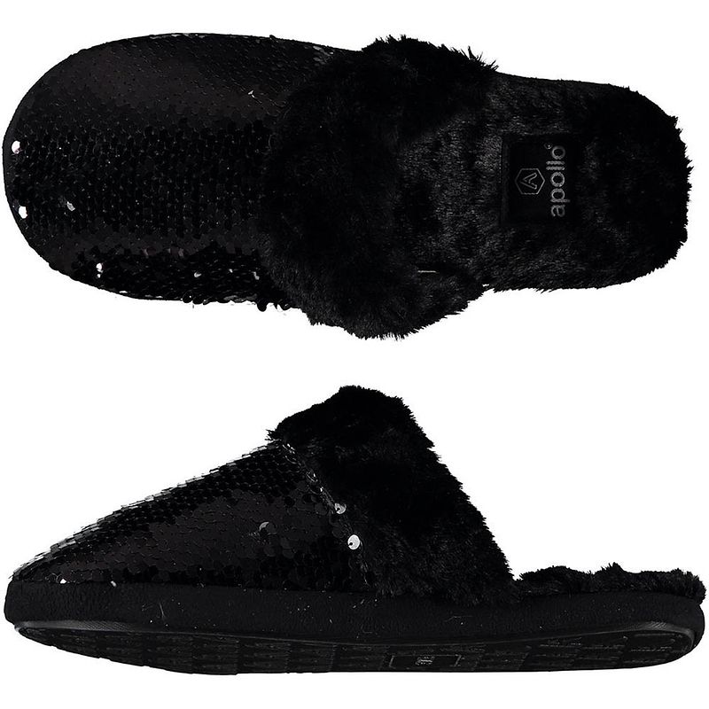 Foto van Dames instap slippers/pantoffels met pailletten zwart maat 37-38 - sloffen - volwassenen