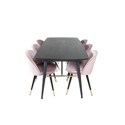 Foto van Gold eethoek eetkamertafel uitschuifbare tafel lengte cm 180 / 220 zwart en 6 velvet eetkamerstal velours roze, zwart,