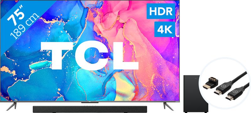 Foto van Tcl qled 75c631 (2022) + soundbar + hdmi kabel