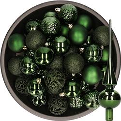 Foto van 37x stuks kunststof kerstballen 6 cm incl. glazen piek glans donkergroen - kerstbal