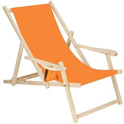 Foto van Ligbed strandstoel ligstoel verstelbaar armleuningen beukenhout handgemaakt oranje