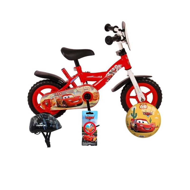 Foto van Volare kinderfiets disney cars - 10 inch - doortrapper - inclusief fietshelm en accessoires