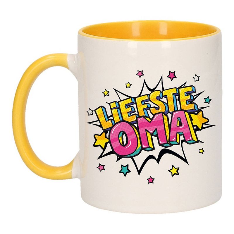 Foto van Liefste oma cadeau mok / beker wit en geel 300 ml - feest mokken