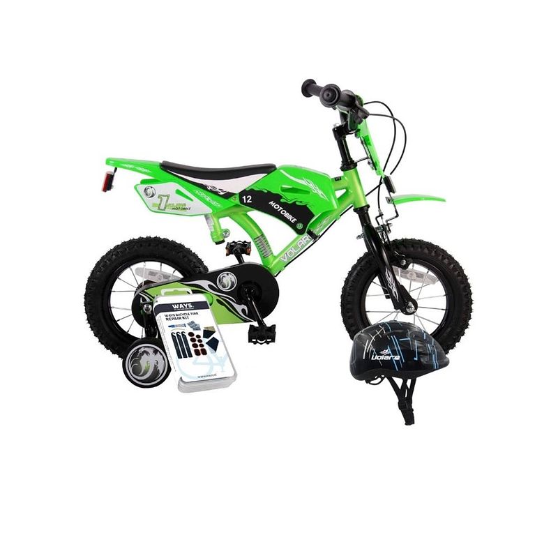 Foto van Volare kinderfiets motorbike - 12 inch - groen - twee handremmen - met fietshelm & accessoires