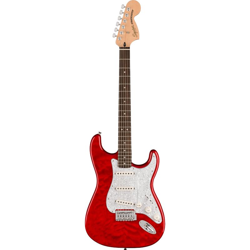 Foto van Squier fsr affinity series stratocaster qmt crimson red transparent elektrische gitaar