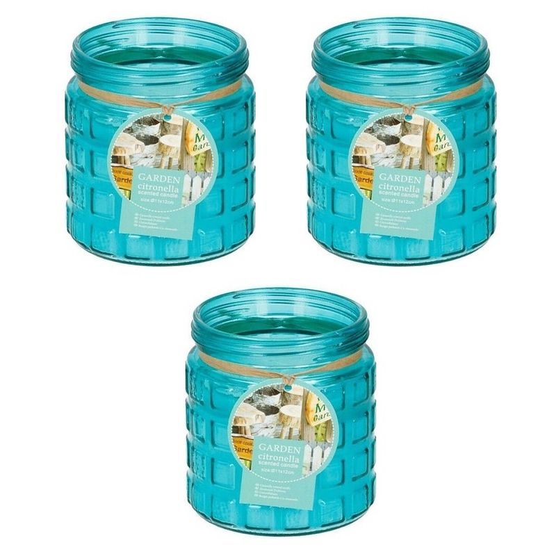 Foto van 3x stuks citronella kaarsen tegen insecten in glazen pot 12 cm blauw - geurkaarsen