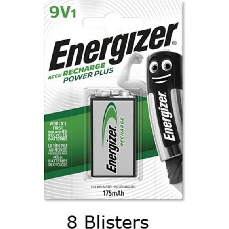 Foto van 8 stuks (8 blisters a 1 stuk) energizer 9v batterij oplaadbaar 175 mah hr22 rechargeable