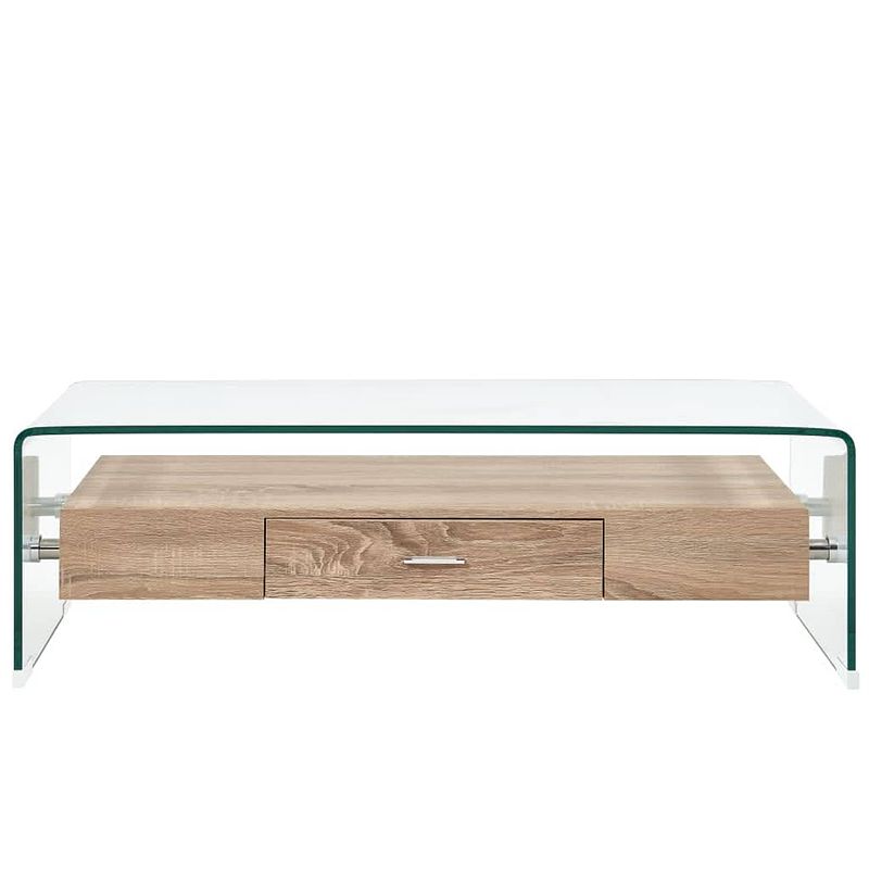 Foto van The living store salontafel - transparant en eiken - 98 x 45 x 31 cm - gehard veiligheidsglas - met schap en lade