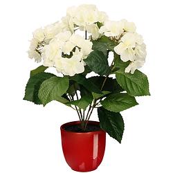 Foto van Hortensia kunstplant/kunstbloemen 40 cm - wit - in pot rood glans - kunstplanten